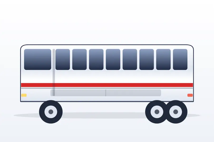 Illustration of a 35 to 49 seat three-axle coach with luggage bay, side view