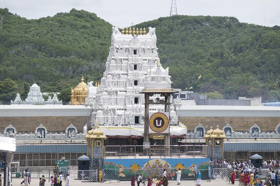 Tirumala Venkateswara temple gopuram against the hills